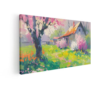 Artaza Canvas Schilderij Schilderachtige Lente in de Tuin met Bloeiende Bomen en een Huis - 120x60 cm - Groot - Wanddecoratie Woonkamer - Schilderijen - Muurdecoratie