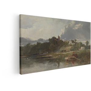 Artaza Canvas Schilderij Landschap - 120x60 cm - Wanddecoratie Natuur - Muurdecoratie Roeiboot - Schilderijen Op Canvas Dorp