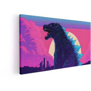 Artaza Canvas Schilderij Godzilla - 120x60 cm - Wanddecoratie Monster Film - Muurdecoratie Retro Skyline - Decoratie Zonsondergang Jongenskamer