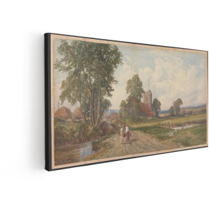 Artaza Canvas Schilderij Schilderachtig Engels Platteland met Kerk en Figuren op een Landweg - 100x50 cm - Wanddecoratie Woonkamer - Schilderijen - Muurdecoratie