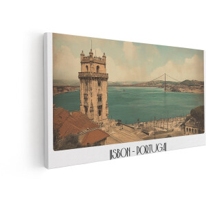 Artaza Canvas Schilderij Torre de Belém en Lissabon met de Ponte 25 de Abril Brug op de Achtergrond - 100x50 cm - Wanddecoratie Woonkamer - Schilderijen - Muurdecoratie