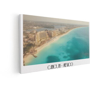 Artaza Canvas Schilderij Cancun Mexico Kustlijn met Turquoise Water en Hotels Vanuit de Lucht - 80x40 cm - Wanddecoratie Woonkamer - Schilderijen - Muurdecoratie