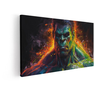 Artaza Canvas Schilderij Krachtige Groene Superheld met Intense Uitdrukking en Explosieve Achtergrond - 60x30 cm - Wanddecoratie Woonkamer - Schilderijen - Muurdecoratie