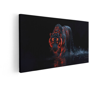 Artaza Canvas Schilderij Vlammende Tijger met Gloeiende Strepen Loopt door Donker Water - 60x30 cm - Wanddecoratie Woonkamer - Schilderijen - Muurdecoratie