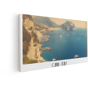 Artaza Canvas Schilderij Capri Italië - 100x50 cm - Wanddecoratie Kustlijn - Muurdecoratie Zee - Decoratie Jachten Vintage Blauw