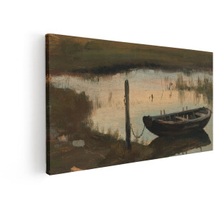 Artaza Canvas Schilderij Een Oude Roeiboot Ligt Aangemeerd bij een Houten Paal in Rustig Water - 80x40 cm - Wanddecoratie Woonkamer - Schilderijen - Muurdecoratie