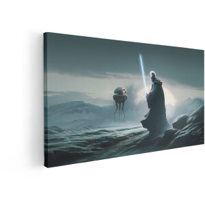 Artaza Canvas Schilderij Obi-Wan Kenobi met Lichtzwaard op Rotsachtige Planeet Tegenover Droid - 100x50 cm - Wanddecoratie Woonkamer - Schilderijen - Muurdecoratie