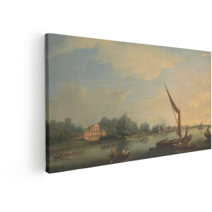 Artaza Canvas Schilderij Landschap Zonsondergang - 60x30 cm - Wanddecoratie Oude Meesters - Muurdecoratie Rivier Met Zeilboot - Schilderijen Op Canvas