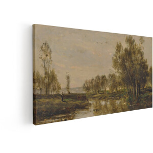 Artaza Canvas Schilderij Schilderachtig Landschap met Grazende Koeien en een Persoon bij een Rivier - 60x30 cm - Wanddecoratie Woonkamer - Schilderijen - Muurdecoratie