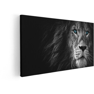 Artaza Canvas Schilderij Leeuw - 80x40 cm - Wanddecoratie Dieren - Muurdecoratie Zwart Wit - Schilderijen Natuur - Blauwe Ogen