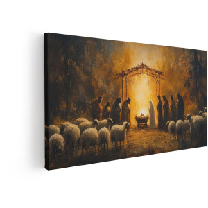 Artaza Canvas Schilderij Geboorte Jezus - 80x40 cm - Wanddecoratie Kerststal - Muurdecoratie Herders En Schapen - Decoratie Heilige Nacht
