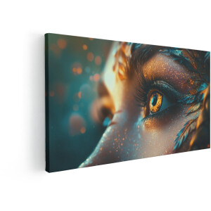 Artaza Canvas Schilderij Close-Up van een Oog met Gouden Glitter en Veren - Mystiek en Magisch - 80x40 cm - Wanddecoratie Woonkamer - Schilderijen - Muurdecoratie