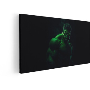 Artaza Canvas Schilderij De Groene Hulk met Gloeiende Ogen Kijkt Dreigend Naar de Camera in het Donker - 120x60 cm - Groot - Wanddecoratie Woonkamer - Schilderijen - Muurdecoratie
