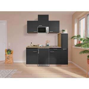 Goedkope keuken 180 cm - complete kleine keuken met apparatuur Luis - Eiken/Grijs - keramische kookplaat - koelkast - magnetron - mini keuken - compacte keuken - keukenblok met apparatuur