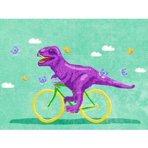 IXXI Dino Racer, Raissa Oltmanns - 80 x 60 cm - Gratis ophangtool - Grote wanddecoratie en posters - Cartoonesk, Digitale Kunst, Speels, Kleurrijk