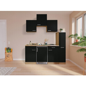 Goedkope keuken 180  cm - complete kleine keuken met apparatuur Luis - Eiken/Zwart - elektrische kookplaat  - koelkast          - mini keuken - compacte keuken - keukenblok met apparatuur