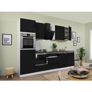 Goedkope keuken 280  cm - complete keuken met apparatuur Lorena  - Wit/Zwart - soft close - inductie kookplaat - vaatwasser - afzuigkap - oven    - spoelbak