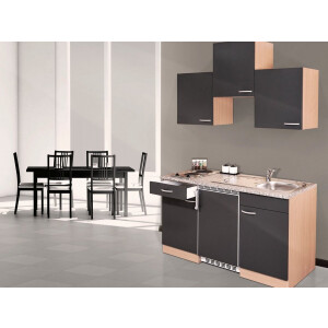 Goedkope keuken 150 cm - complete kleine keuken met apparatuur Gerda - Beuken/Grijs - keramische kookplaat - koelkast - mini keuken - compacte keuken - keukenblok met apparatuur