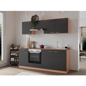 Goedkope keuken 210  cm - complete keuken met apparatuur Gerda  - Beuken/Grijs   - keramische kookplaat    - afzuigkap - oven    - spoelbak