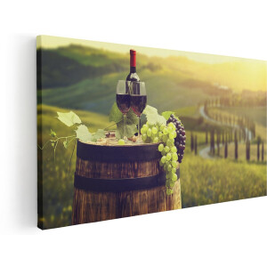 Artaza Canvas Schilderij Wijn met Druiven op een Vat in Toscane - 160x80 cm - Groot - Wanddecoratie Woonkamer - Schilderijen - Muurdecoratie