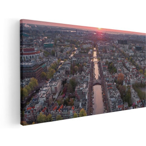Artaza Canvas Schilderij Bovenaanzicht Amsterdam Met Zonsondergang - 180x90 cm - Groot - Wanddecoratie Woonkamer - Schilderijen - Muurdecoratie