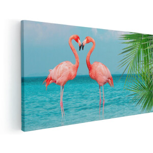 Artaza Canvas Schilderij Twee Flamingo's in een Hart Vorm in het Water - 140x70 cm - Groot - Wanddecoratie Woonkamer - Schilderijen - Muurdecoratie