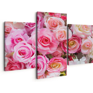 Artaza Canvas Schilderij Drieluik Roze Rozen Achtergrond - Bloemen - 150x120 - Groot - Foto Op Canvas - Canvas Print