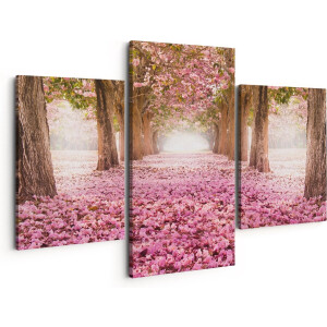 Artaza Canvas Schilderij Drieluik Romantische Bomen Tunnel Met Roze Anjers - 150x120 - Groot - Foto Op Canvas - Canvas Print
