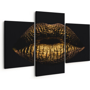 Artaza Canvas Schilderij Drieluik Gouden Lippen - 150x120 - Groot - Foto Op Canvas - Canvas Print