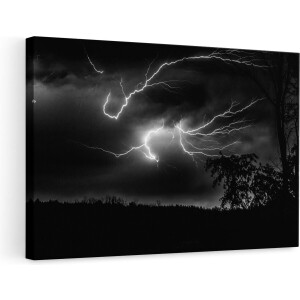 Artaza Canvas Schilderij - Blikseminslagen in een Paarse Hemel - Onweer - Zwart Wit - 90x60 - Foto Op Canvas - Canvas Print - Muurdecoratie