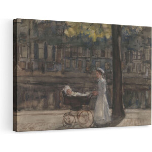 Artaza Canvas Schilderij Dienstmeisje met Kinderwagen op de Keizersgracht - Isaac Israels - 90x60 - Kunst - Canvas Print - Muurdecoratie