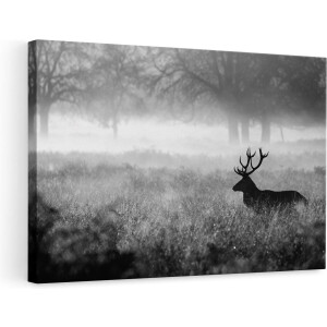 Artaza Canvas Schilderij Hert - 90x60 cm - Wanddecoratie Mist - Muurdecoratie Zwart Wit - Schilderijen Op Canvas