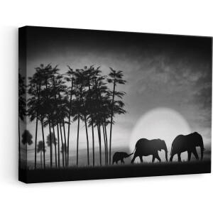 Artaza - Canvas Schilderij - Olifanten Familie bij Zonsondergang - Zwart Wit - 60x40 - Foto Op Canvas - Canvas Print