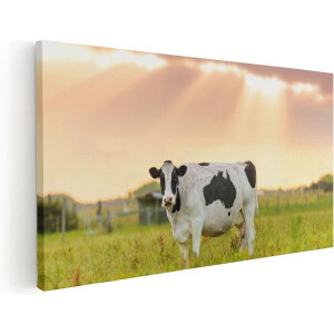 Artaza Canvas Schilderij Koe - 40x20 cm - Klein - Wanddecoratie Dieren - Muurdecoratie Weiland - Schilderijen Op Canvas Zonsondergang