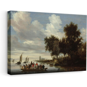 Artaza Canvas Schilderij Rivierlandschap met een Veerboot - Salomon van Ruysdael - 60x40 - Poster Foto op Canvas - Canvas Print