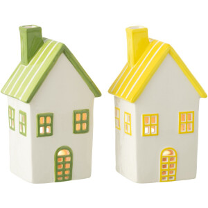 J-Line theelichthouder Huis Dolomiet - keramiek - geel/groen - 2 stuks