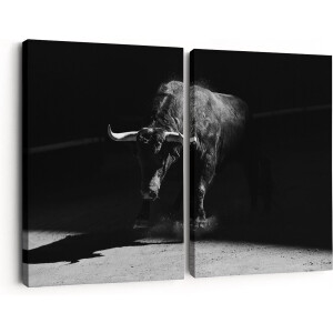 Artaza Canvas Schilderij Tweeluik Stier In De Arena - Zwart Wit - 60x40 - Klein - Foto Op Canvas - Canvas Print