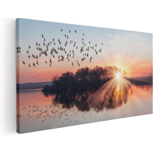 Artaza Canvas Schilderij Groep Vogels Boven De Meer Met Zonsondergang - 80x40 - Foto Op Canvas - Canvas Print