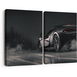 Artaza Canvas Schilderij Tweeluik Zwarte Sportwagen Auto Nabij Een Stad - 180x120 - Groot - Foto Op Canvas - Canvas Print