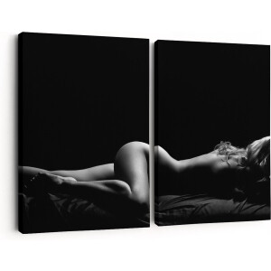 Artaza Canvas Schilderij Tweeluik Vrouw Naakt in Bed - Erotiek - Zwart Wit - 180x120 - Groot - Foto Op Canvas - Canvas Print