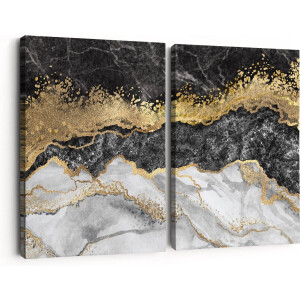 Artaza Canvas Schilderij Tweeluik Abstracte Kunst - Zwart met Witte Marmer - 60x40 cm - Klein - Wanddecoratie Woonkamer - Schilderijen - Muurdecoratie
