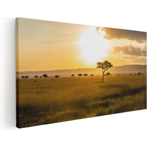 Artaza Canvas Schilderij Zonsondergang Afrika - 60x30 cm - Wanddecoratie Savanne - Muurdecoratie Boom - Kamer Accessoires Natuur
