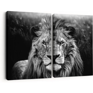 Artaza Canvas Schilderij Tweeluik Leeuw in het Wild - Leeuwenkop - Zwart Wit - 60x40 - Klein - Foto Op Canvas - Canvas Print