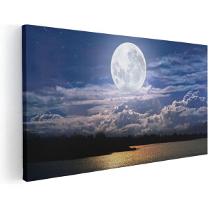 Artaza Canvas Schilderij Maan - 40x20 cm - Klein - Wanddecoratie Zee - Muurdecoratie Nacht - Schilderij Sterren