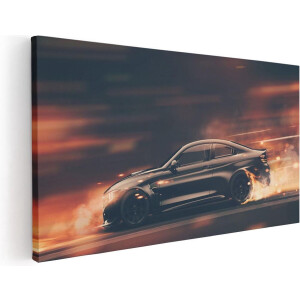 Artaza Canvas Schilderij Zwarte Sportwagen Auto Met Vlammen - 120x60 cm - Groot - Wanddecoratie Woonkamer - Schilderijen - Muurdecoratie