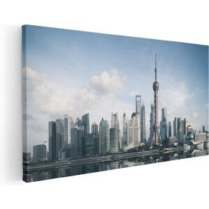 Artaza Canvas Schilderij Shanghai Skyline in China - 40x20 cm - Klein - Wanddecoratie Woonkamer - Schilderijen - Muurdecoratie