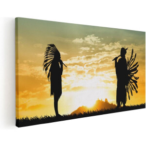 Artaza Canvas Schilderij Twee Silhouetten van Indianen bij Zonsondergang - 100x50 cm - Groot - Wanddecoratie Woonkamer - Schilderijen - Muurdecoratie