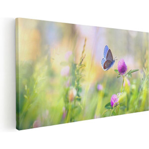 Artaza Canvas Schilderij Blauwe Vlinder Bij Een Paarse Bloem - 120x60 cm - Groot - Wanddecoratie Woonkamer - Schilderijen - Muurdecoratie