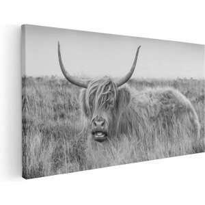 Artaza Canvas Schilderij Schotse Hooglander Koe - Zwart Wit - 40x20 - Klein - Foto Op Canvas - Canvas Print