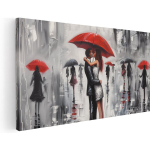 Artaza Canvas Schilderij Paar Kust onder een Rode Paraplu - 60x30 cm - Klein - Wanddecoratie Woonkamer - Schilderijen - Muurdecoratie